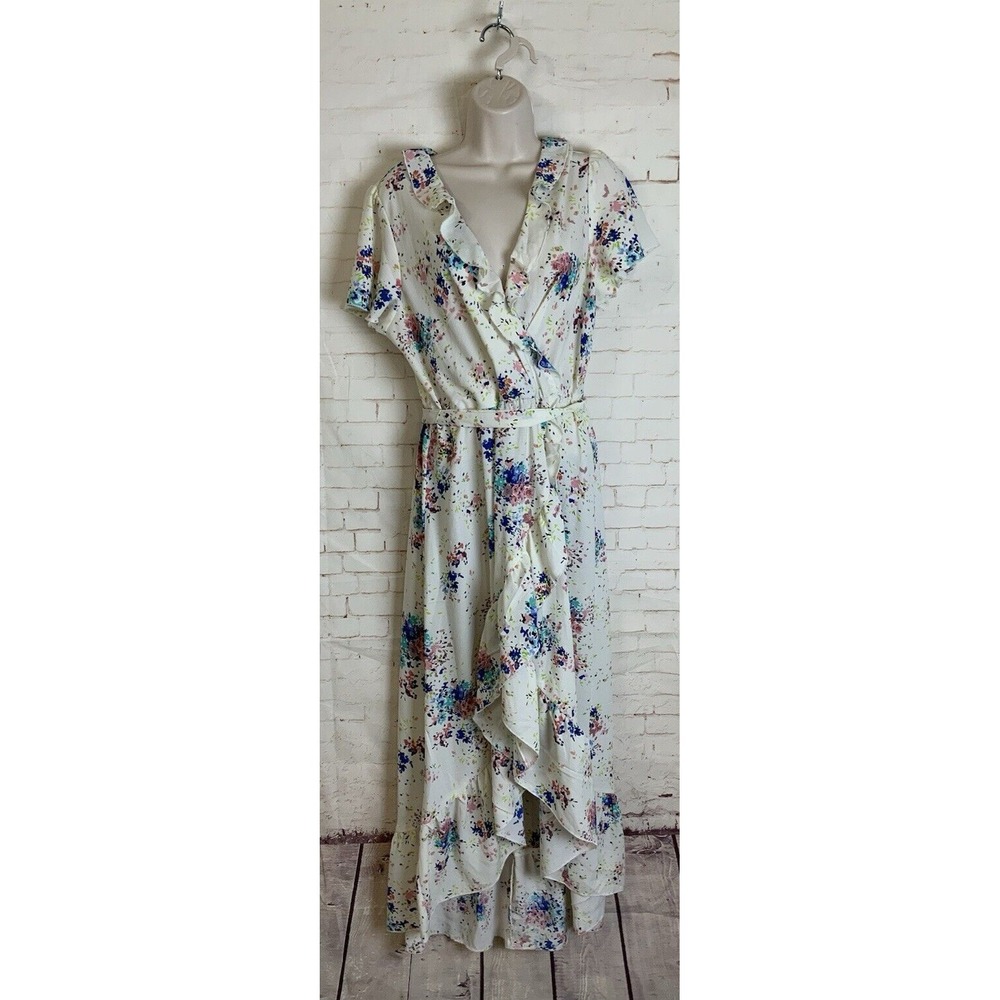 As U Wish Womens White Floral V Neck Wrap Dress Size L